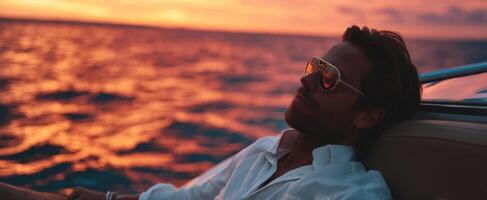 The man enjoying relaxation on a boat during a vibrant sunset. photo