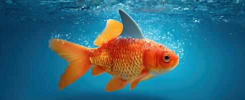 The humorous goldfish with a shark fin swimming gracefully underwater photo