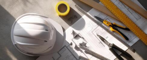The construction tools and hardhat arranged on a detailed blueprint plan. photo