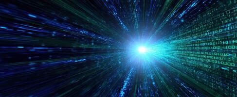 The digital explosion of binary code and light in a futuristic space. photo
