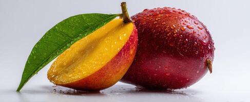 The vibrant mango with water droplets and a fresh green leaf photo