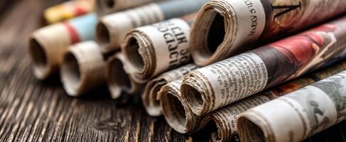 The ancient art of rolled newspapers on a rustic wooden surface. photo