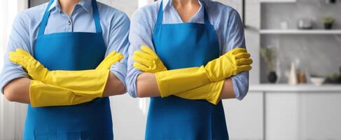 The Two Cleaners in Bright Aprons and Gloves Ready to Work photo