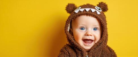 The adorable baby in a cozy animal hoodie smiling brightly against a yellow backdrop photo