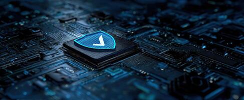 The digital shield protecting advanced microchip circuitry in a dark environment. photo