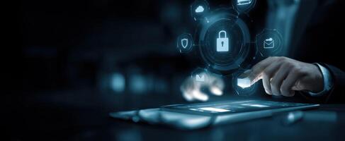 The innovative tablet displaying digital security icons and privacy features. photo