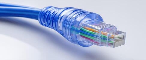 The blue Ethernet cable with transparent connector for high-speed internet connection. photo