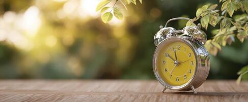 The vintage alarm clock beside greenery on a wooden surface photo