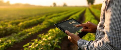 The innovative farmer analyzing crops using a digital tablet in a field. photo