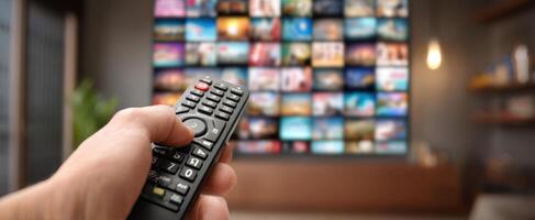 The remote control being used to navigate a vibrant television display. photo