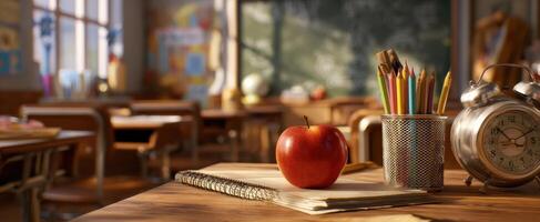 The Apple on the Desk in a Cozy Classroom Setting photo