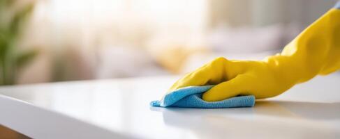 The yellow glove wiping a clean surface in a bright indoor environment. photo