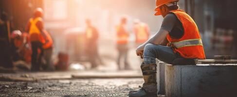 The construction worker sitting on a curb during a busy workday. photo