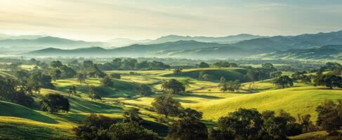 The breathtaking landscape featuring rolling hills and vibrant green valleys. photo