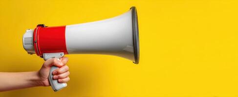 The megaphone held against a vibrant yellow background for effective communication. photo