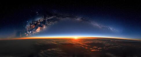 The Majestic Sunrise Over the Earth Beneath a Starry Galaxy Sky photo