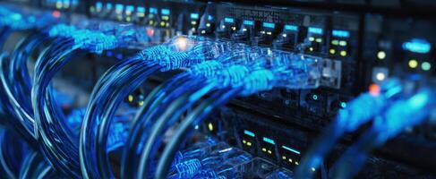 The vibrant blue ethernet cables connected to a high-tech server. photo