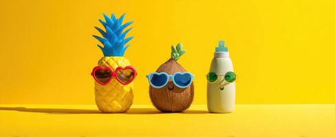 The cheerful fruits wearing sunglasses on a bright yellow background. photo