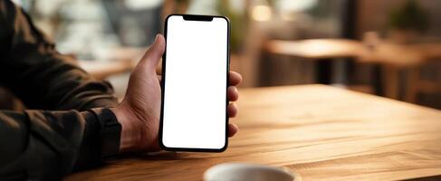 The smartphone held by a person in a cozy coffee shop setting. photo
