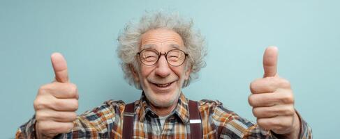The joyful elderly man giving thumbs-up in a cheerful portrait. photo