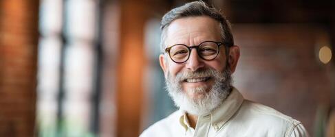 The smiling man with glasses showcasing confidence and warmth in a modern setting photo