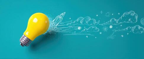 The lightbulb representing innovation and creativity with a rocket launching into space. photo