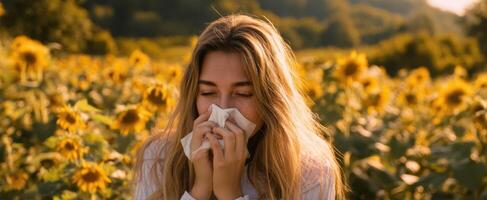 The joyful woman enjoying nature while managing her allergies in a sunflower field. photo