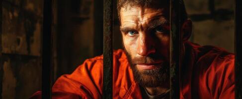 The intense expression of a man in orange prison attire behind bars. photo