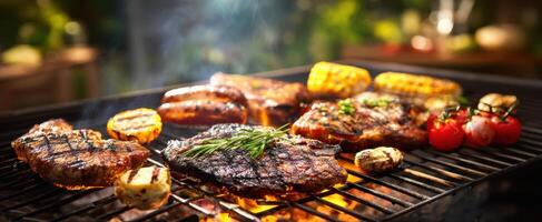 The vibrant assortment of grilled meats and vegetables on a barbecue grill. photo