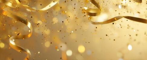 The shimmering gold ribbons and confetti creating a festive celebration atmosphere. photo