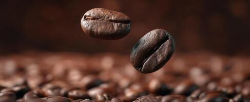 The floating coffee beans against a backdrop of roasted coffee. photo