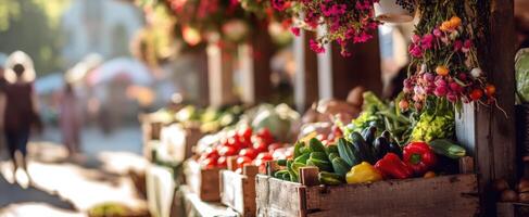 The vibrant vegetable stall adorned with beautiful flowers at a local market. photo