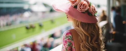The Elegant Woman in a Floral Hat Enjoying Horse Racing Event photo