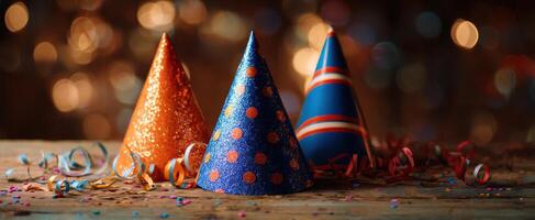 The vibrant party hats on a beautifully decorated table with bokeh lights. photo