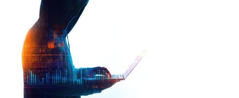 The silhouette of a hacker using a laptop with digital elements and coding graphics. photo