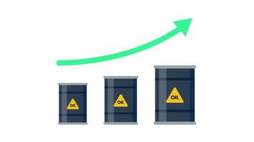 Animation of three oil barrels increasing in size with green arrows pointing up, symbolizing rising oil prices or increased oil production. video