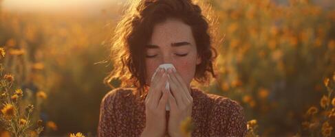The woman experiences allergies in a beautiful flower-filled field at sunset. photo
