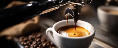 The brewing process of espresso in a professional coffee machine photo