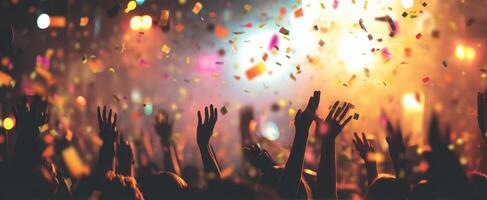 The Vibrant Energy of a Celebratory Crowd Under Colorful Confetti Lights photo