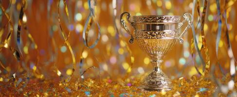 The sparkling trophy representing achievement and celebration amidst festive decorations. photo