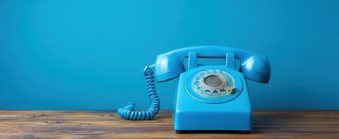 The vintage blue telephone with a rotary dial on a wooden table photo