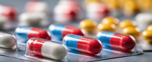 The vibrant capsules arranged on a table for healthcare and medicinal purposes. photo