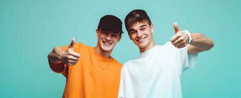 The cheerful friends giving thumbs-up sign against a vibrant background. photo