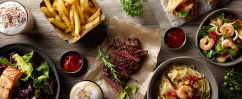 The Delicious Assortment of Gourmet Dishes on a Rustic Wooden Table photo