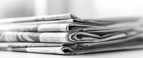 The stack of black and white newspapers capturing timeless journalism and stories. photo