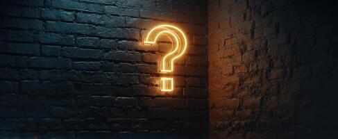 The Neon Question Mark Illuminating a Dark Brick Wall photo