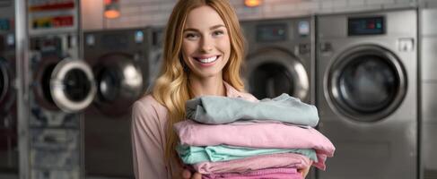 The smiling woman showcasing a stacked laundry in a modern laundromat. photo