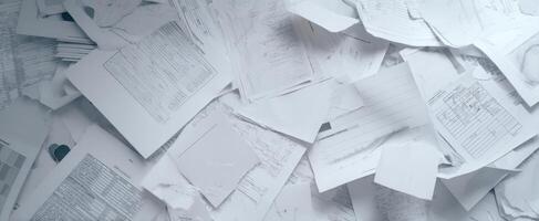 The chaotic arrangement of paperwork scattered across an office space. photo
