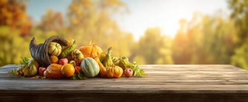 The autumn cornucopia overflowing with vibrant fruits and pumpkins on a rustic table. photo