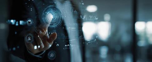 The modern businessman interacting with a futuristic digital interface. photo